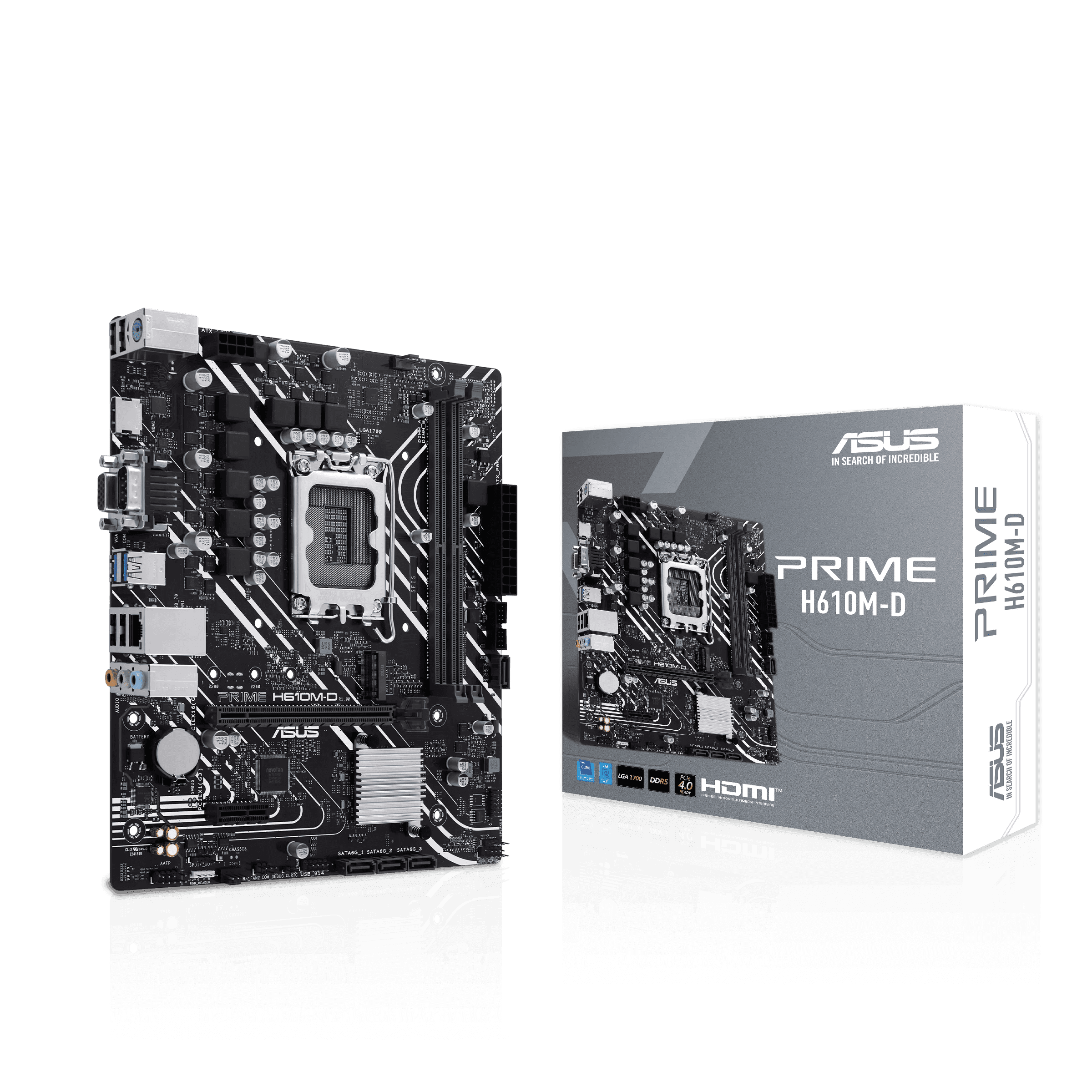 ASUS PRIME H610M-D Intel (LGA 1700) micro-ATX Motherboard, DDR5, PCIe 4.0, M.2 slot, Realtek 1 Gb Ethernet, HDMI, VGA, USB 3.2 Gen 1, SATA 6 Gbps, COM port, RGB header | 90MB1G80-M0EAY0 thumbnail 1
