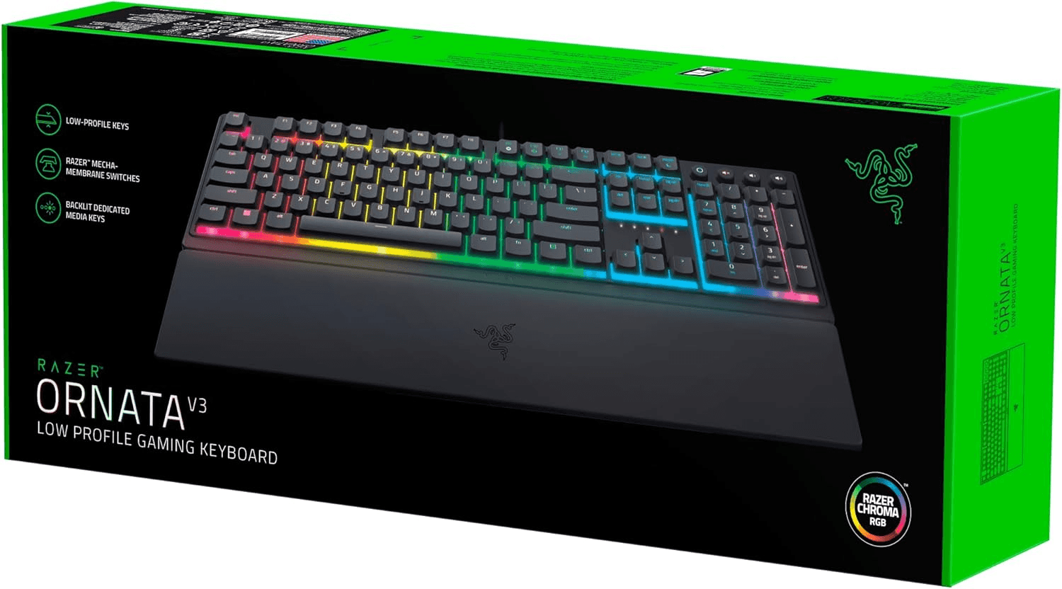 RAZER Razer Ornata V3 Low Profile Mecha-Membrane Wired Keyboard, UV Coated Keycaps, 10 RGB Lighting Zones, 1000 Hz Ultrapolling, Wrist Rest, Clicky Keystrokes, US English Layout, Black | RZ03-04460100-R3M1 - thumbnail 3