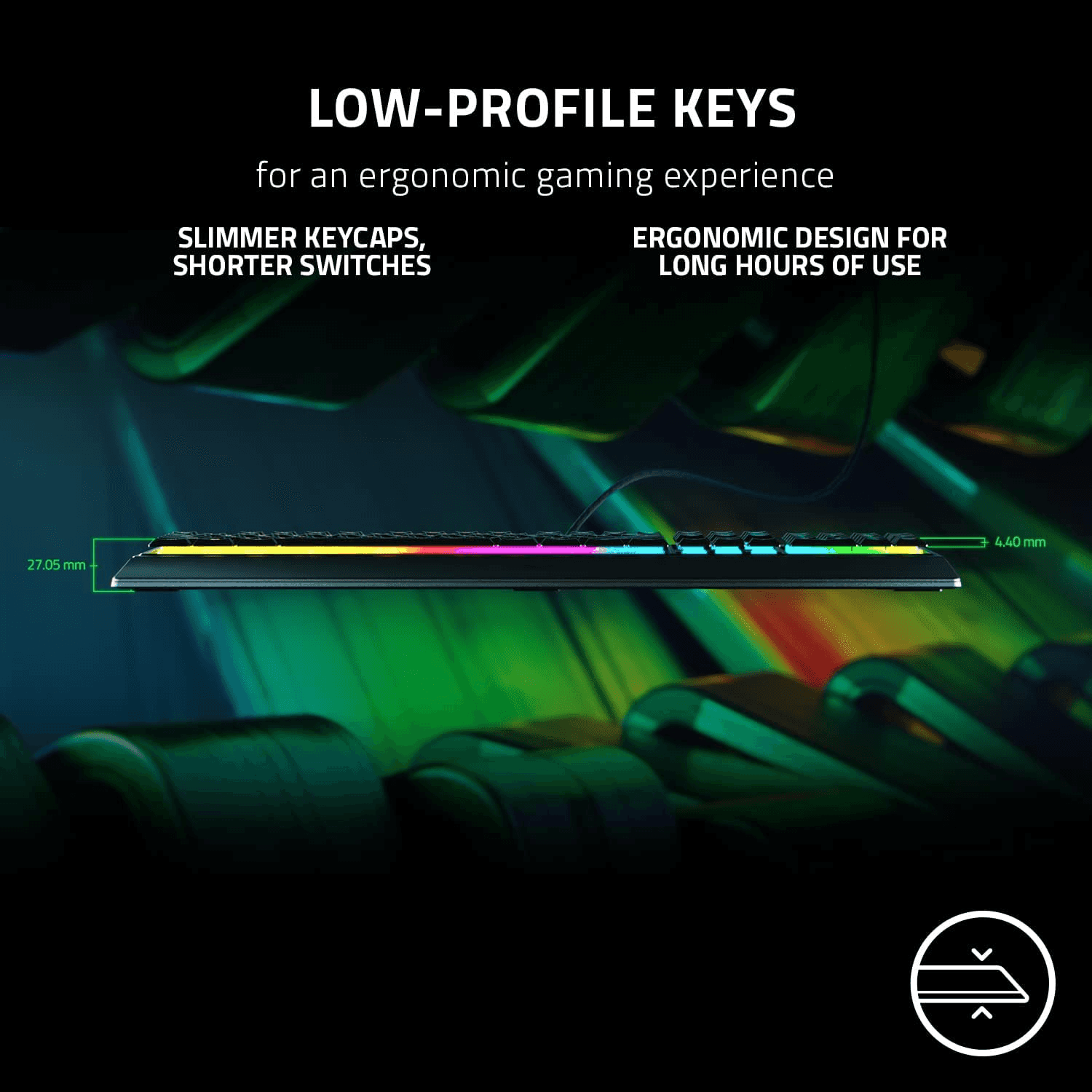 RAZER Razer Ornata V3 Low Profile Mecha-Membrane Wired Keyboard, UV Coated Keycaps, 10 RGB Lighting Zones, 1000 Hz Ultrapolling, Wrist Rest, Clicky Keystrokes, US English Layout, Black | RZ03-04460100-R3M1 - thumbnail 5