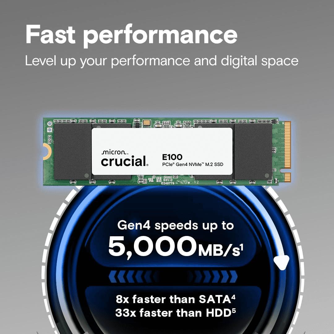 Crucial Crucial E100 1TB M.2 NVMe PCIe Gen4 Internal SSD, Up to 5,000MB/s, Laptop & Desktop Compatible | CT1000E100SSD8 - thumbnail 5