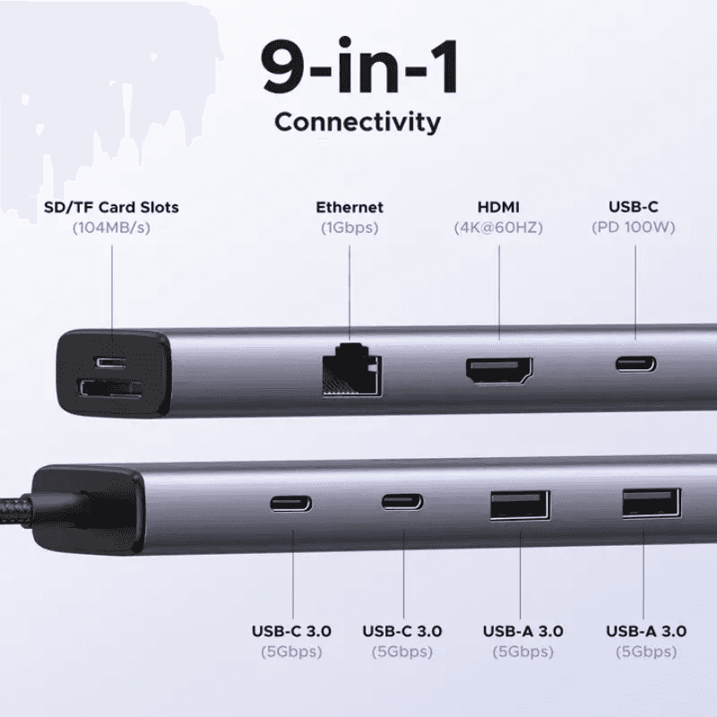 UGREEN UGREEN 9-in-1 USB-C Multifunction Hub – 4K HDMI, VGA, Gigabit Ethernet, 100W PD & SD/TF Reader, Aluminum | CM498 - thumbnail 3