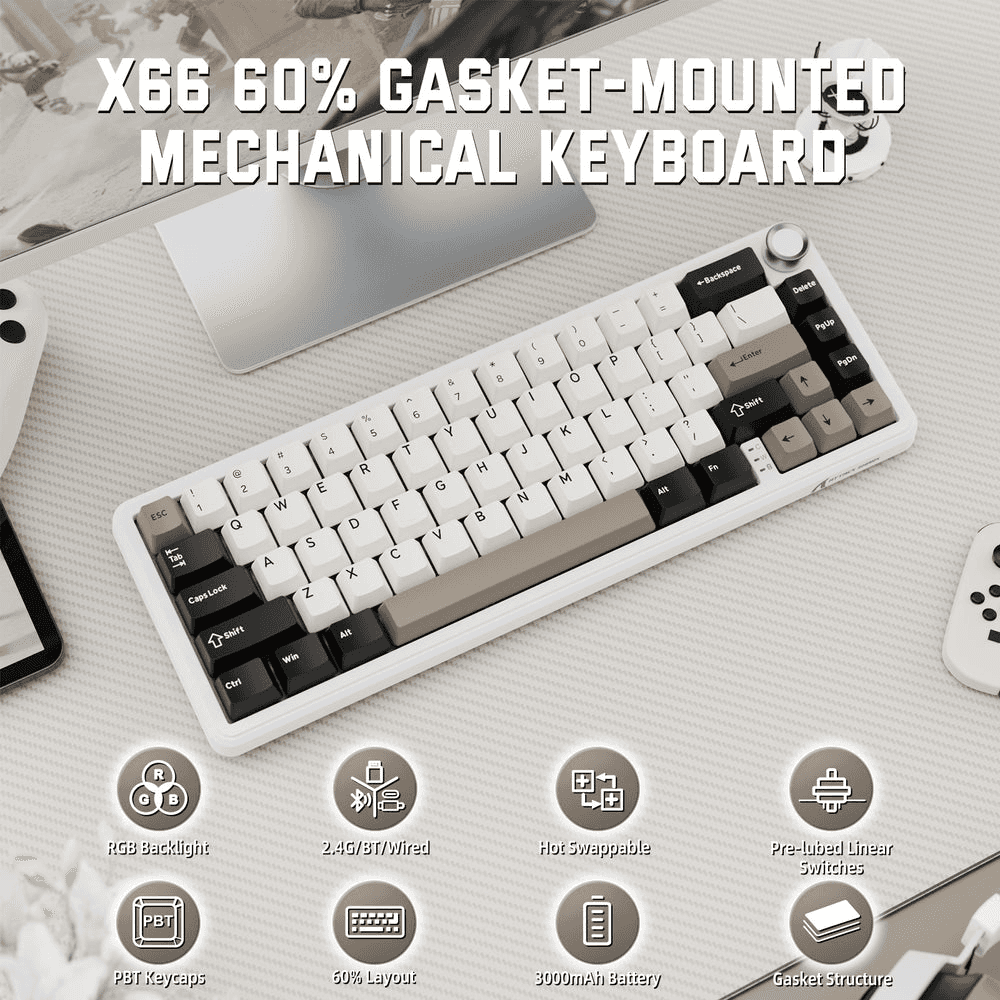 ATTACK SHARK ATTACK SHARK X66 Wireless Gasket Mechanical Keyboard, 60% Layout, Side-Printed PBT Keycaps, Pre-Lubed Strawberry Switches, & 5-Layer Sound Dampening, White Cheese | X66 - thumbnail 2