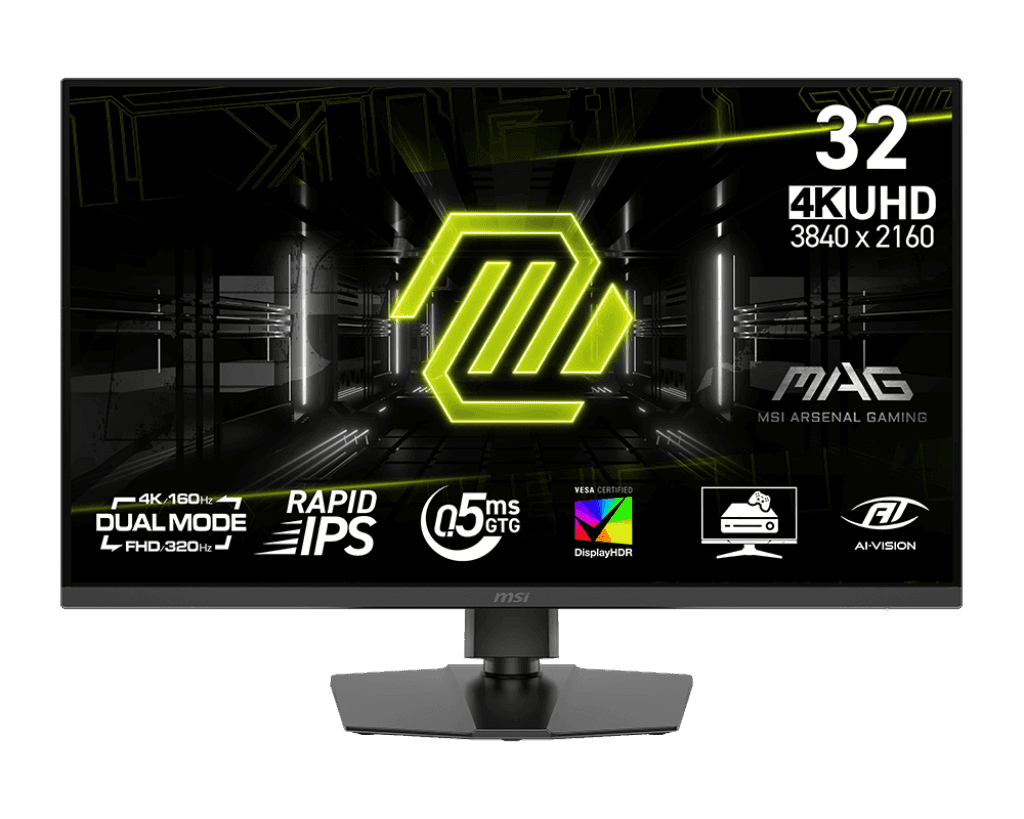 MSI MAG 322URDF E16 Gaming Monitors, 32" 3840 x 2160 Rapid IPS, Dual Mode 4K UHD 160Hz, FHD 320Hz, 0.5ms (GtG) Response Time, DisplayHDR 400, Adaptive-Sync, Black | 9S6-3DD89T-001 thumbnail 1