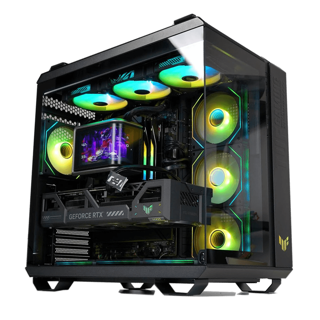 Asus Gaming PC PC Powered by ASUS: AMD Ryzen 7 9800X3D + TUF RTX 5090 OC 32GB GDDR7, 32GB DDR5 7200MT/s, 2TB Gen5 SSD (14,500MB/s), ROG Ryuo IV 2K AMOLED Curved LCD AIO, 1200W Gold PSU, WiFi 7 - thumbnail 1