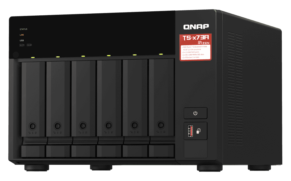 Qnap 6-Bay NAS, AMD Ryzen Embedded V1000 4 CPU, 8 GB DDR4 Memory, 6 x 3.5-inch SATA 6Gb/s, 3Gb/s, 2 PCIe Slot, USB 3.2 Gen 2 (10Gbps) Port, 250W PSU | TS-673A-8G - thumbnail 1