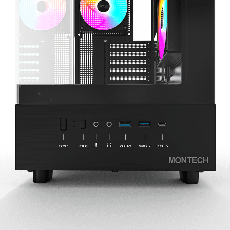 Montech MONTECH XR, ATX Mid-Tower PC Gaming Case, 3 x 120mm ARGB PWM Fans Pre-Installed, Full-View Dual Tempered Glass Panel, Wood-Grain Design I/O Interface, Support 4090 GPUs, 360mm Radiator Support, Black-MONTEC CASE - thumbnail 7