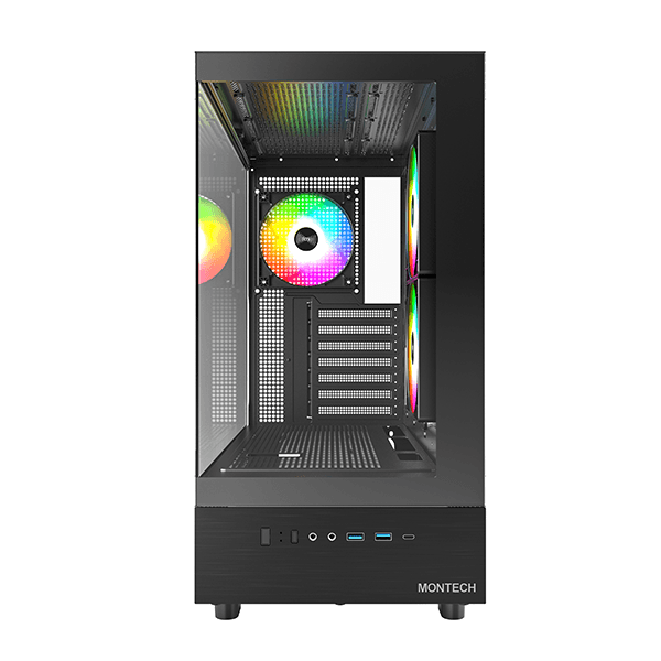 Montech MONTECH XR, ATX Mid-Tower PC Gaming Case, 3 x 120mm ARGB PWM Fans Pre-Installed, Full-View Dual Tempered Glass Panel, Wood-Grain Design I/O Interface, Support 4090 GPUs, 360mm Radiator Support, Black-MONTEC CASE - thumbnail 2