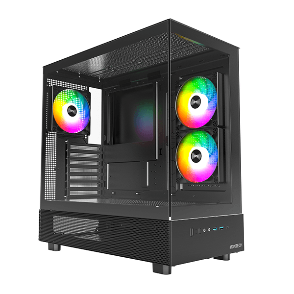 Montech MONTECH XR, ATX Mid-Tower PC Gaming Case, 3 x 120mm ARGB PWM Fans Pre-Installed, Full-View Dual Tempered Glass Panel, Wood-Grain Design I/O Interface, Support 4090 GPUs, 360mm Radiator Support, Black-MONTEC CASE - thumbnail 1