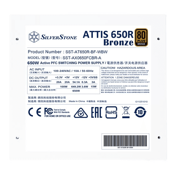 Silverstone Silverstone ATTIS 650R Bronze 80 PLUS Bronze 650W ATX 3.1 ATX White Power Supply, Active PFC+Double forward+DC to DC Design | SST-AT650R-BF-WBW (White) - thumbnail 7