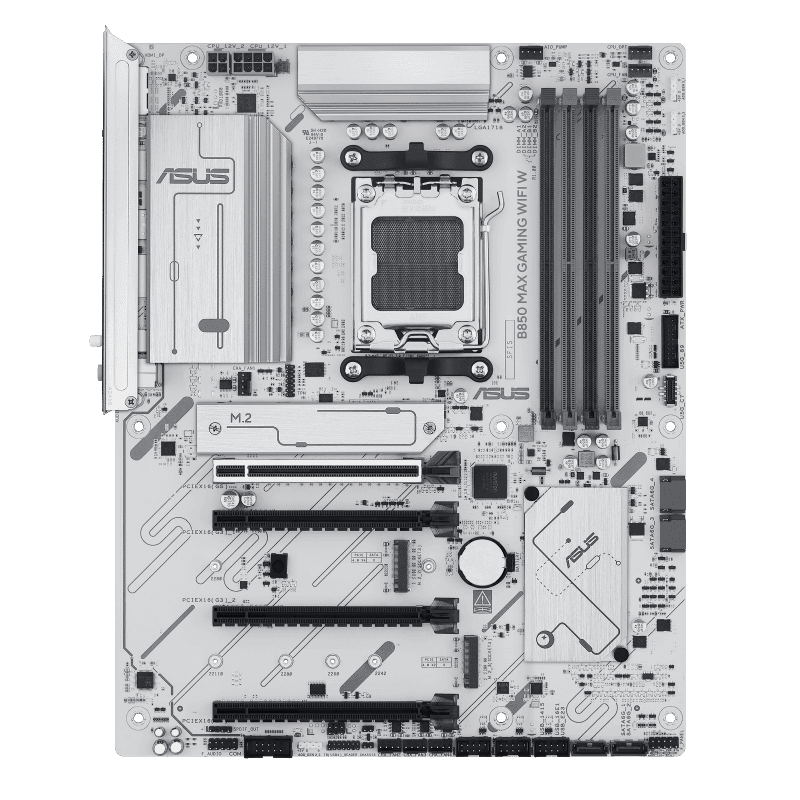 ASUS B850 MAX GAMING WIFI W ATX Motherboard,  4 x DIMM slots, max. 256GB, DDR5 up to 8000+MT/s, 3 x M.2 slots and 4 x SATA 6Gb/s ports, WiFi 6E, PCIe 5.0 slots, Pre-mounted I/O shield, 2.5Gb Ethernet, White | 90MB1M10-M0EAY0 thumbnail 2