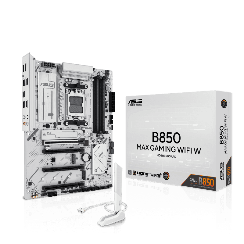 ASUS B850 MAX GAMING WIFI W ATX Motherboard,  4 x DIMM slots, max. 256GB, DDR5 up to 8000+MT/s, 3 x M.2 slots and 4 x SATA 6Gb/s ports, WiFi 6E, PCIe 5.0 slots, Pre-mounted I/O shield, 2.5Gb Ethernet, White | 90MB1M10-M0EAY0 thumbnail 1