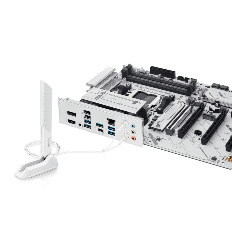 ASUS B850 MAX GAMING WIFI W ATX Motherboard,  4 x DIMM slots, max. 256GB, DDR5 up to 8000+MT/s, 3 x M.2 slots and 4 x SATA 6Gb/s ports, WiFi 6E, PCIe 5.0 slots, Pre-mounted I/O shield, 2.5Gb Ethernet, White | 90MB1M10-M0EAY0 thumbnail 5