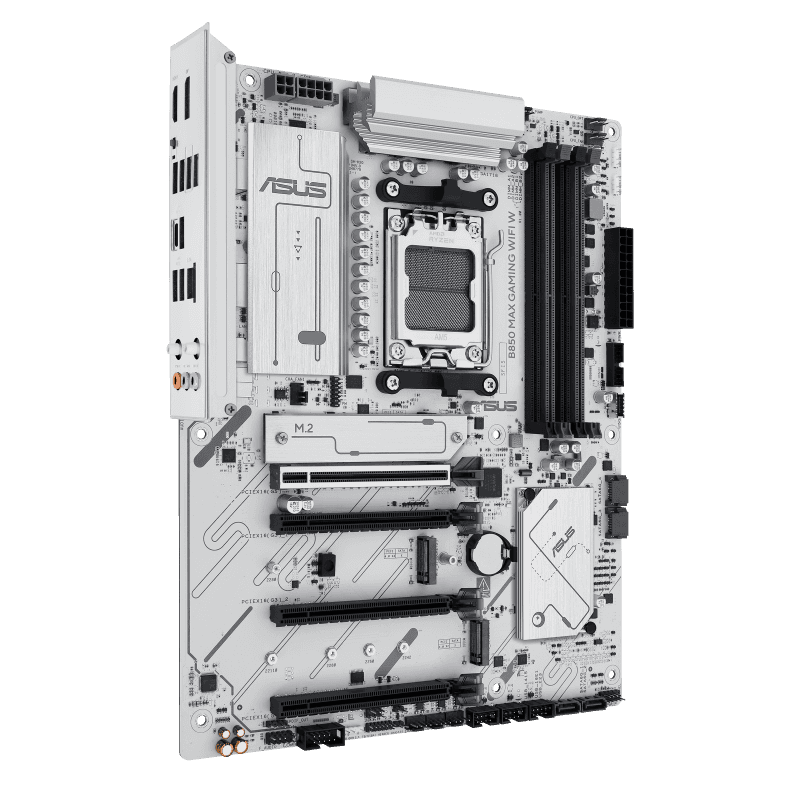 ASUS B850 MAX GAMING WIFI W ATX Motherboard,  4 x DIMM slots, max. 256GB, DDR5 up to 8000+MT/s, 3 x M.2 slots and 4 x SATA 6Gb/s ports, WiFi 6E, PCIe 5.0 slots, Pre-mounted I/O shield, 2.5Gb Ethernet, White | 90MB1M10-M0EAY0 thumbnail 3
