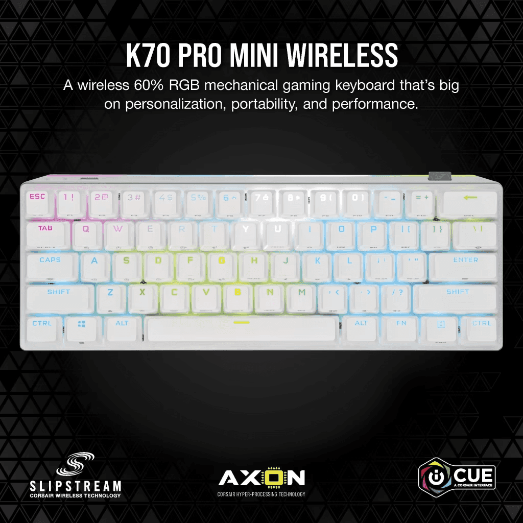 Corsair Corsair K70 PRO MINI WIRELESS 60% Mechanical CHERRY MX Red Switch Keyboard, with RGB Backlighting, Hot Swappable Keyswitches, Multi-platform Connectivity, Compact size, White | CH-9189110-NA - thumbnail 1
