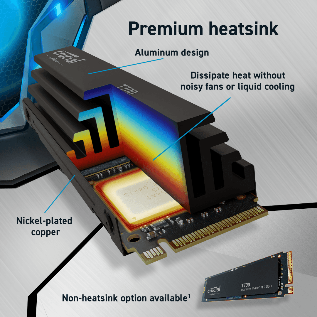 Crucial T700 2TB PCIe Gen5 NVMe M.2 SSD, Sequential Read 12,400 MB/s,  Sequential Write 11,800 MB/s | CT2000T700SSD3 thumbnail 2