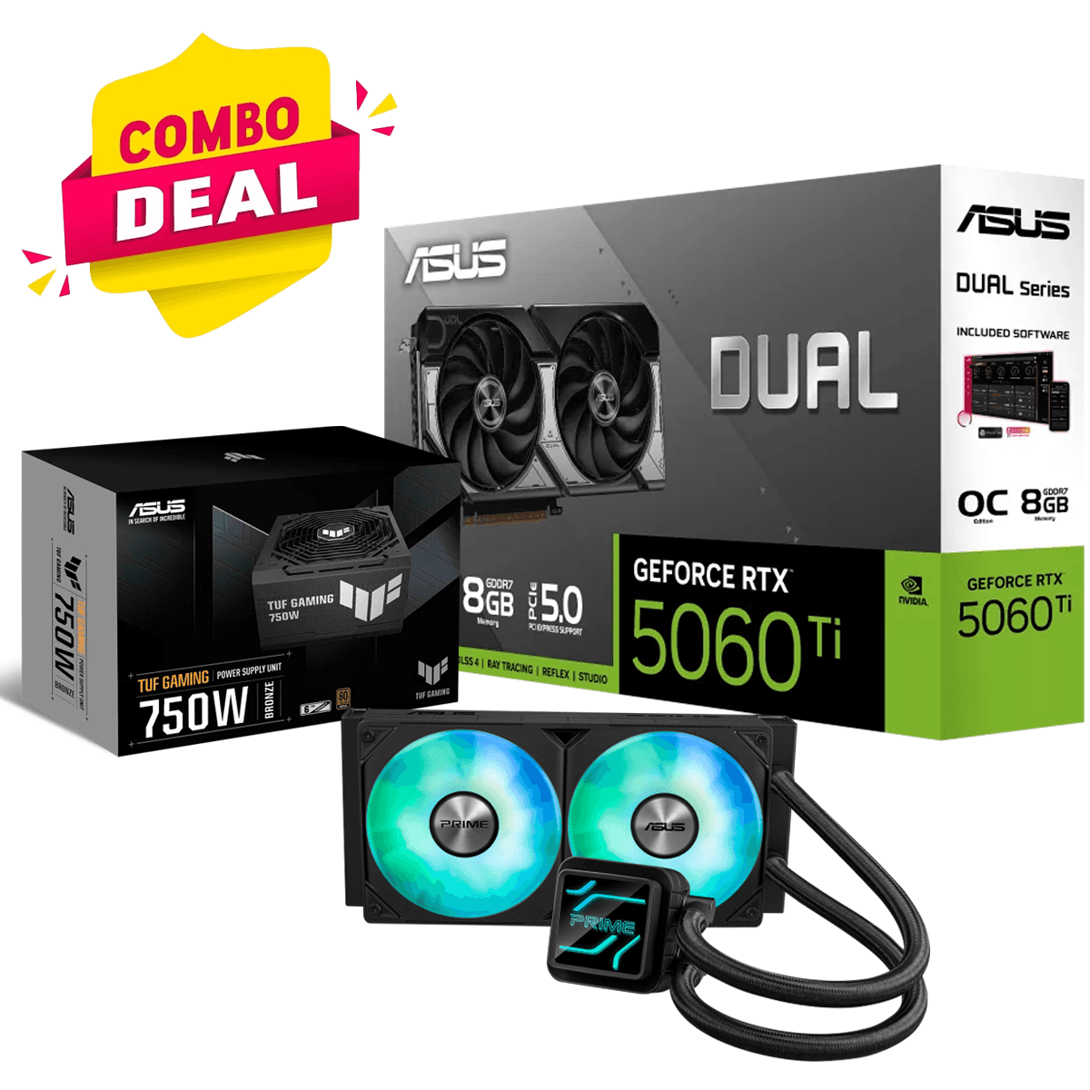 Asus ASUS Triple Element Gaming Bundle, Dual RTX 5060 Ti OC 8GB GDDR7 + TUF 750W Bronze PSU + Prime LC 240 ARGB AIO Liquid Cooler Black - thumbnail 1