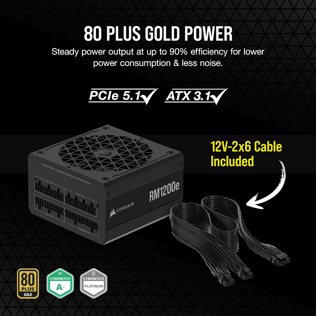 Corsair Corsair RMe Series RM1200e Fully Modular Low-Noise ATX Power Supply,  ATX 3.1 & PCIe 5.1, 80 PLUS Gold, Black  | CP-9020258 - thumbnail 4