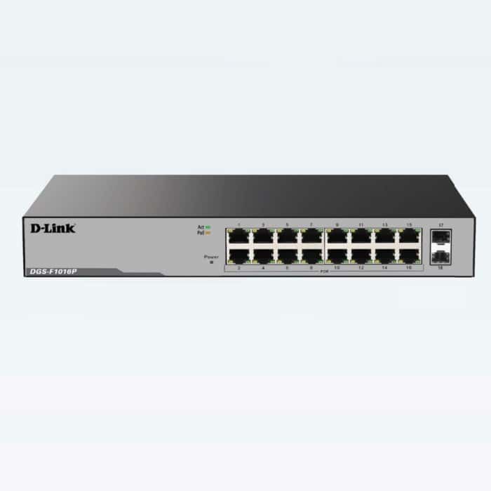 D-link D-Link DGS-F1016P 16 Port Gigabit Unmanaged POE Switch, with 2 SFP ports 250 watts - thumbnail 1