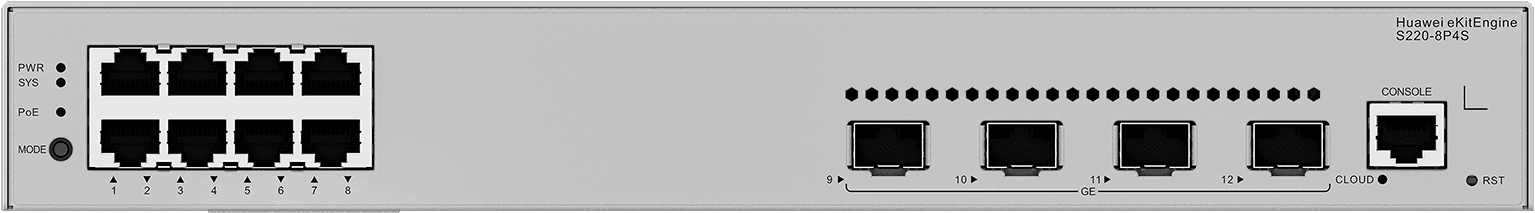 Huawei S220-8P4S Switches, 8x10/100/1000BASE-T Ports, 125W PoE+, 4xGE SFP Ports, Built-In AC Power, 1U Form Factor, Gigabit Managed Switch, Gray | 98012552 thumbnail 2