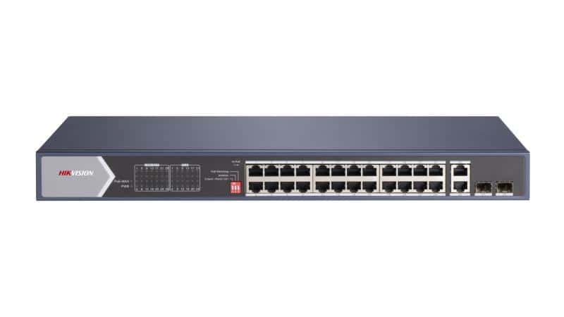 HIKVISION Hikvision DS-3E0528HP-E 24 Port Gigabit Unmanaged PoE Switch, 20x gigabit PoE port, 4x gigabit Hi-PoE port, 2x gigabit RJ45 port, and 2x gigabit fiber optical port, Up to 300m long-range transmission. - thumbnail 1