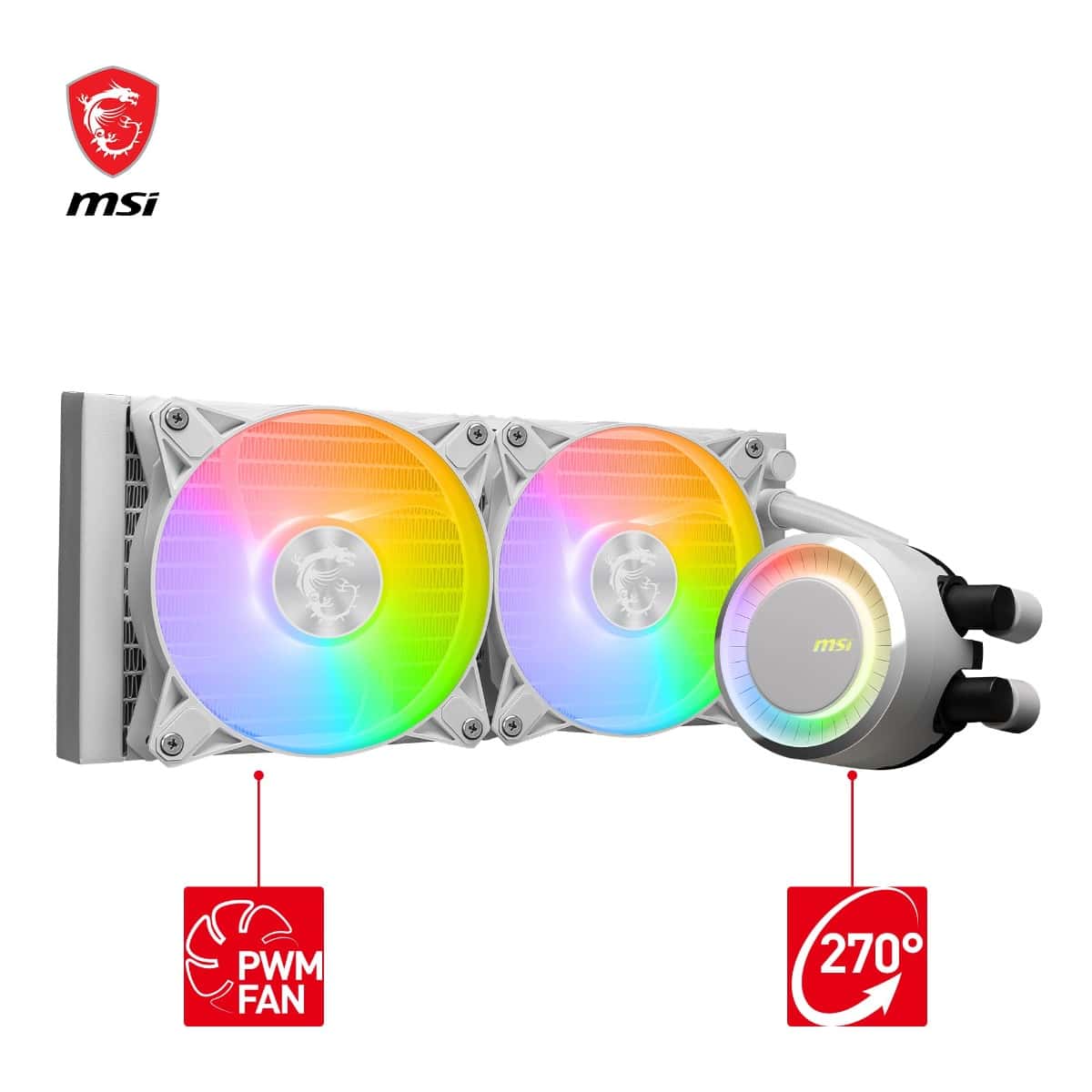 MSI MSI MAG CoreLiquid E240 White, AIO ARGB CPU Liquid Cooler, Rotating Cap Design, 240mm Radiator, Dual 120mm ARGB PWM Fans, LGA 1700 Ready, AM5 Compatible | 306-7ZW5E27-C24 - thumbnail 2