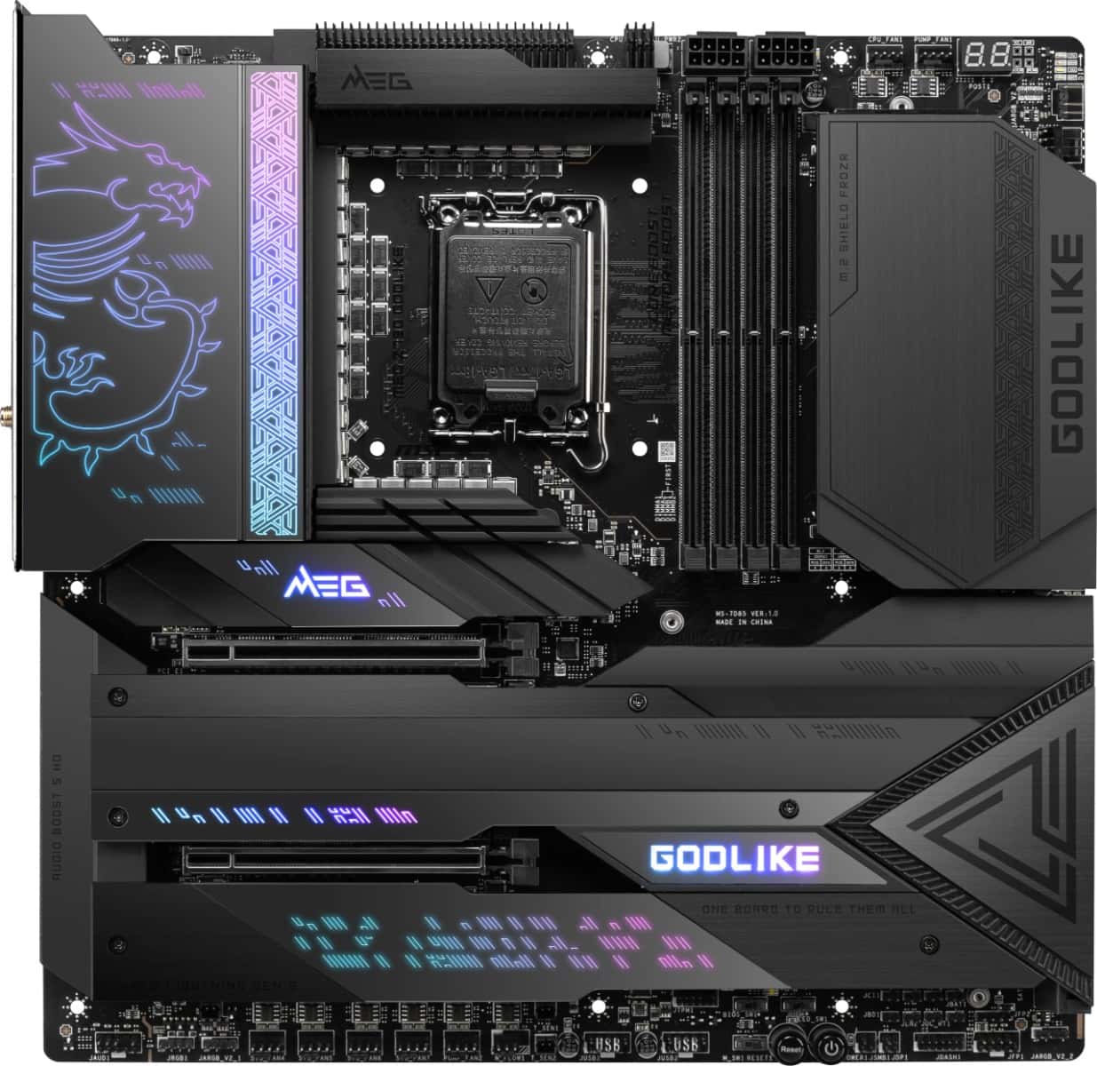 MSI MSI MEG Z790 GODLIKE LGA 1700 EATX Motherboard, 4x DDR5 Slot & Up to 192GB Max Memory, Bluetooth 5.3/ Wi-Fi 6E / 10Gbps LAN, 7x M.2, 2x PCIE x16, USB 3.2 Type-C / A, Thunderbolt 4, Black | 911-7D85-00 - thumbnail 1