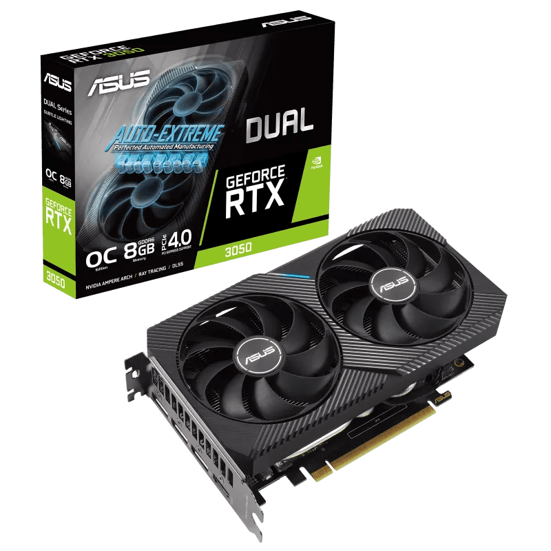 Asus Dual GeForce RTX 3050 OC Edition Graphics Card, 8GB GDDR6 128 Bit Memory, PCI Express 4.0 Bus, 2560 Cuda Cores, 14 Gbps, 2 Slot, 1852 MHz Engine Clock, OpenGL 4.6 | 90YV0HH0-M0NA00 - thumbnail 1
