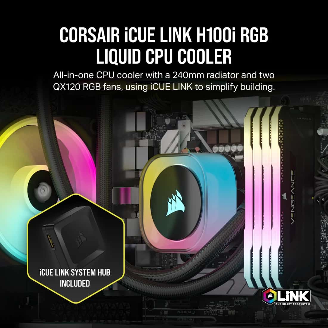 Corsair CORSAIR iCUE LINK H100i RGB AIO 240mm CPU Cooler - Black, QX120 Fans, AM5/LGA 1700/1851 | CW-9061001-WW - thumbnail 8