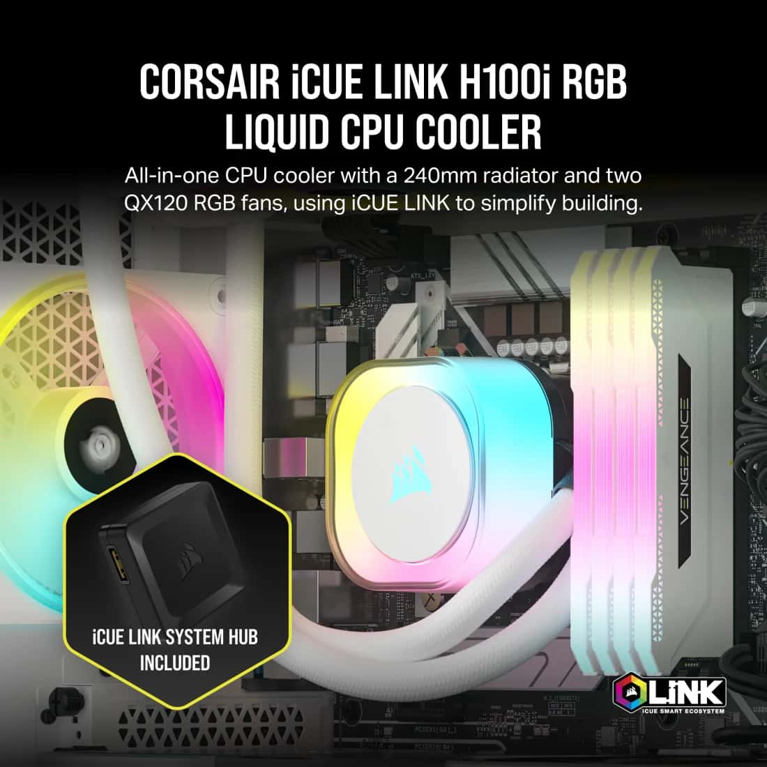 Corsair CORSAIR iCUE LINK H100i RGB AIO 240mm CPU Cooler - White, QX120 Fans, AM5/LGA 1700/1851 | CW-9061005-WW - thumbnail 11
