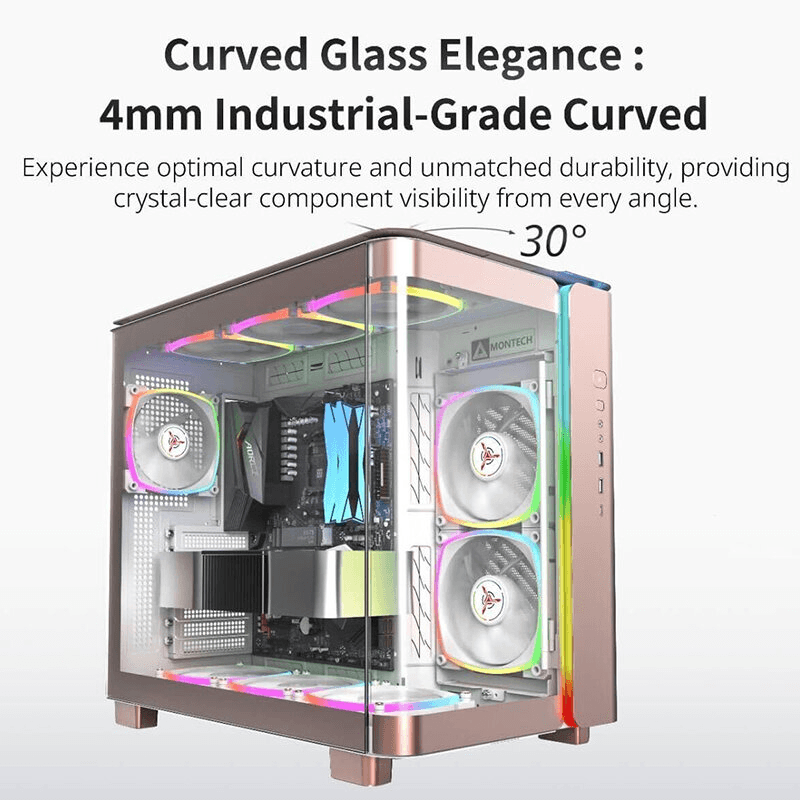 Montech MONTECH King 95 PRO Dual-Chamber ATX Mid-Tower PC Gaming Case, High-Airflow, Sturdy Curved Tempered Glass Front, Six ARGB PWM Fan Pre-Installed with Fan Hub, Rose Gold, Skytech Gaming Edition - thumbnail 5