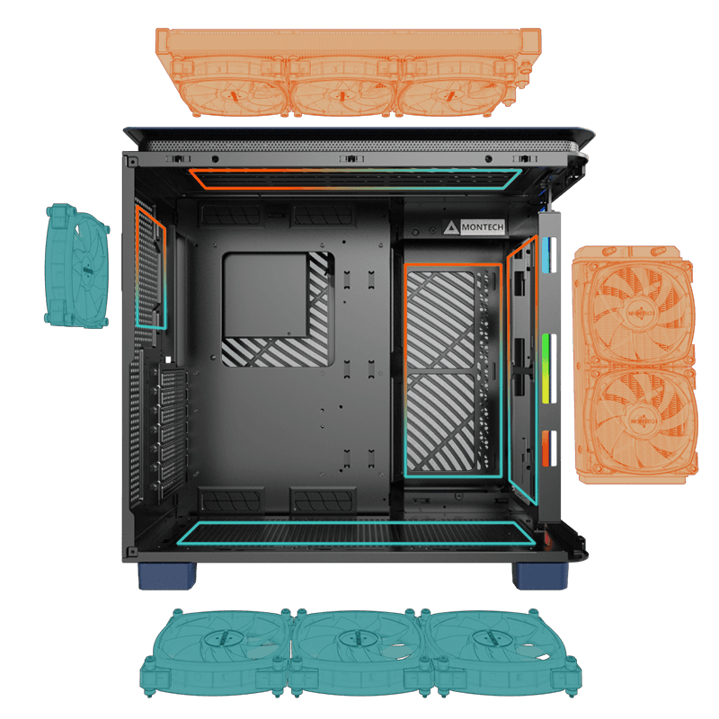 Montech Montech KING 95 PRO Middle Tower Case, Duo Airflow Modes ( Turbo Mesh Mode & Elegant Glass Mode ),  SPCC/Tempered glass, 4x120mm ARGB PWM Fans, Type-Cx1/USB3.0x2/Mic/Audiox1/LED Buttons | King 95 Pro Blue - thumbnail 8