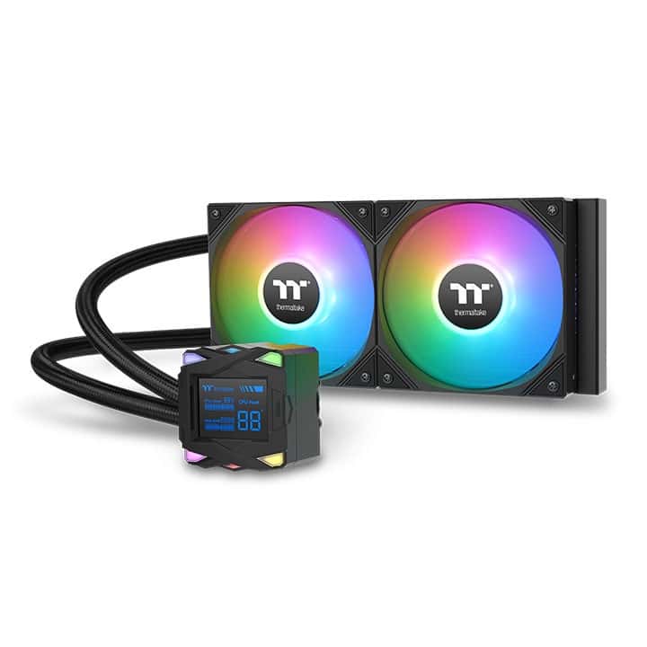 Thermaltake Thermaltake LA240-S ARGB Sync AIO Liquid Cooler, RGB Water Block with 2.4??? LCD, 2x 120mm ARGB fans, 79.3 CFM (one fan) Air Flow, PWM 600~2500 R.P.M Static Pressure, Black | CL-W461-PL12SW-A - thumbnail 1