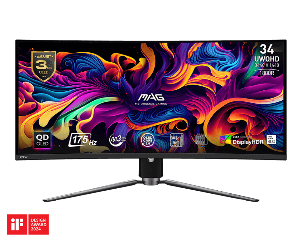 MSI MSI MAG 341CQP QD-OLED Curve Gaming Monitor, 34" UWQHD QD-OLED Display, 175Hz Refresh Rate, 0.03ms (GtG) Response Time,1800R Curvature, AdaptiveSync Technology, Black | 341CQP - thumbnail 1