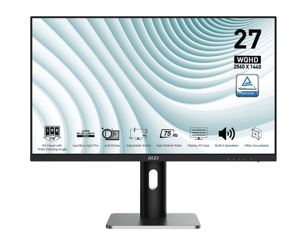 MSI MSI PRO MP273QP Business Productivity Monitor, 2560 x 1440 (WQHD), IPS, 75Hz, 1ms (MPRT) / 4ms (GTG), 2x HDMI (1.4b), 1x DP (1.2a), AMD FreeSync, Anti-glare, PC, Mac, PS5, PS4, Xbox, Mobile, Notebook, 2x Speaker, Ergonomic - thumbnail 1