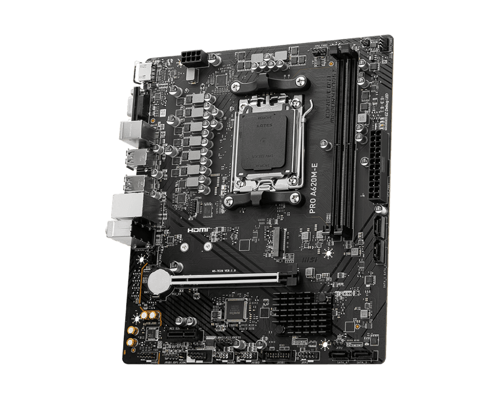 MSI MSI PRO A620M-E AM5 mATX Motherboard, AMD A620 Chipset, 2x DDR5 / 96GB Max Memory, 1x PCI-E x16, 1x M.2, RTL8111H Gigabit LAN, 2x USB 3.2 Type-A, 1x HDMI / 1x VGA | 911-7E28-001 - thumbnail 4
