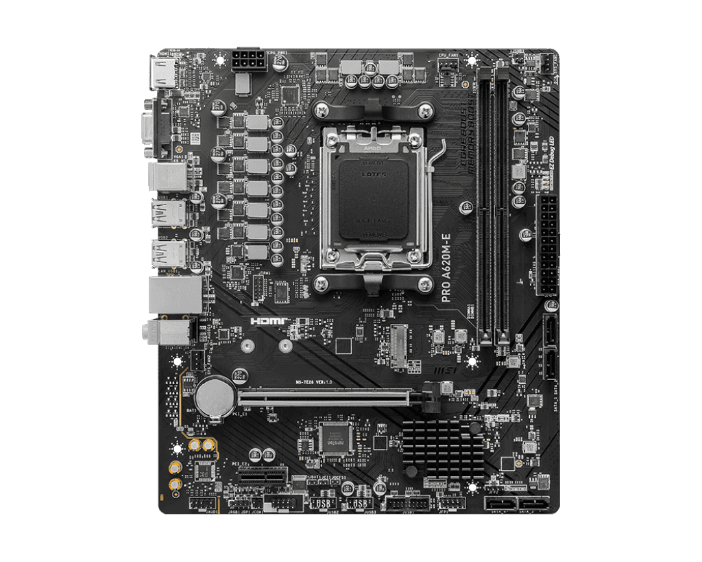 MSI MSI PRO A620M-E AM5 mATX Motherboard, AMD A620 Chipset, 2x DDR5 / 96GB Max Memory, 1x PCI-E x16, 1x M.2, RTL8111H Gigabit LAN, 2x USB 3.2 Type-A, 1x HDMI / 1x VGA | 911-7E28-001 - thumbnail 5