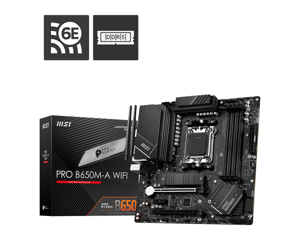 MSI MSI PRO B650M-A WIFI AM5 Micro-ATX Motherboard, AMD B650 Chipset, 4 x 2-Channel DDR5 Slots, 128GB Max Memory, Wi-Fi 6E, 2x PCI-E x16, 2x M.2, 1x HDMI, 1x DP, USB 23.2/2.0 | 911-7D77-001 - thumbnail 1