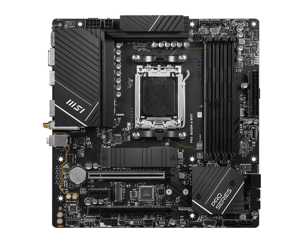 MSI MSI PRO B650M-A WIFI AM5 Micro-ATX Motherboard, AMD B650 Chipset, 4 x 2-Channel DDR5 Slots, 128GB Max Memory, Wi-Fi 6E, 2x PCI-E x16, 2x M.2, 1x HDMI, 1x DP, USB 23.2/2.0 | 911-7D77-001 - thumbnail 2