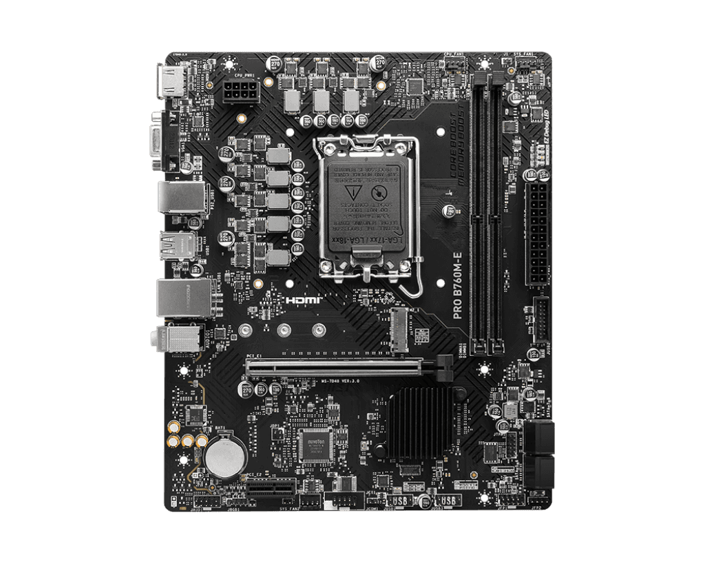 MSI MSI PRO B760M-E Intel LGA 1700 mATX Motherboard, INTEL B760 Chipset, 2x DDR5, 1x HDMI, 1x VGA, PCI-E, 1x M.2, 4x SATA 6G, Realtek RTL8111H Gigabit LAN, Realtek ALC897 Codec, 4x EZ Debug LED, Lightening Gen4 | 911-7D48-039 - thumbnail 4