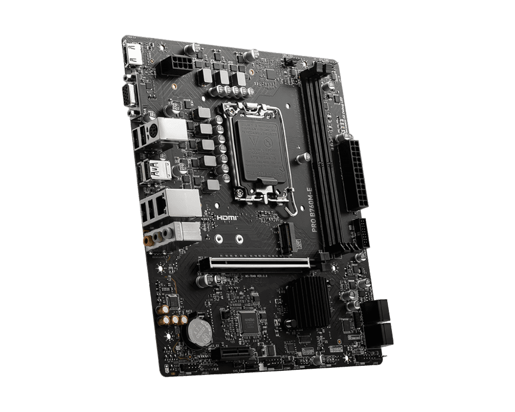 MSI MSI PRO B760M-E Intel LGA 1700 mATX Motherboard, INTEL B760 Chipset, 2x DDR5, 1x HDMI, 1x VGA, PCI-E, 1x M.2, 4x SATA 6G, Realtek RTL8111H Gigabit LAN, Realtek ALC897 Codec, 4x EZ Debug LED, Lightening Gen4 | 911-7D48-039 - thumbnail 2