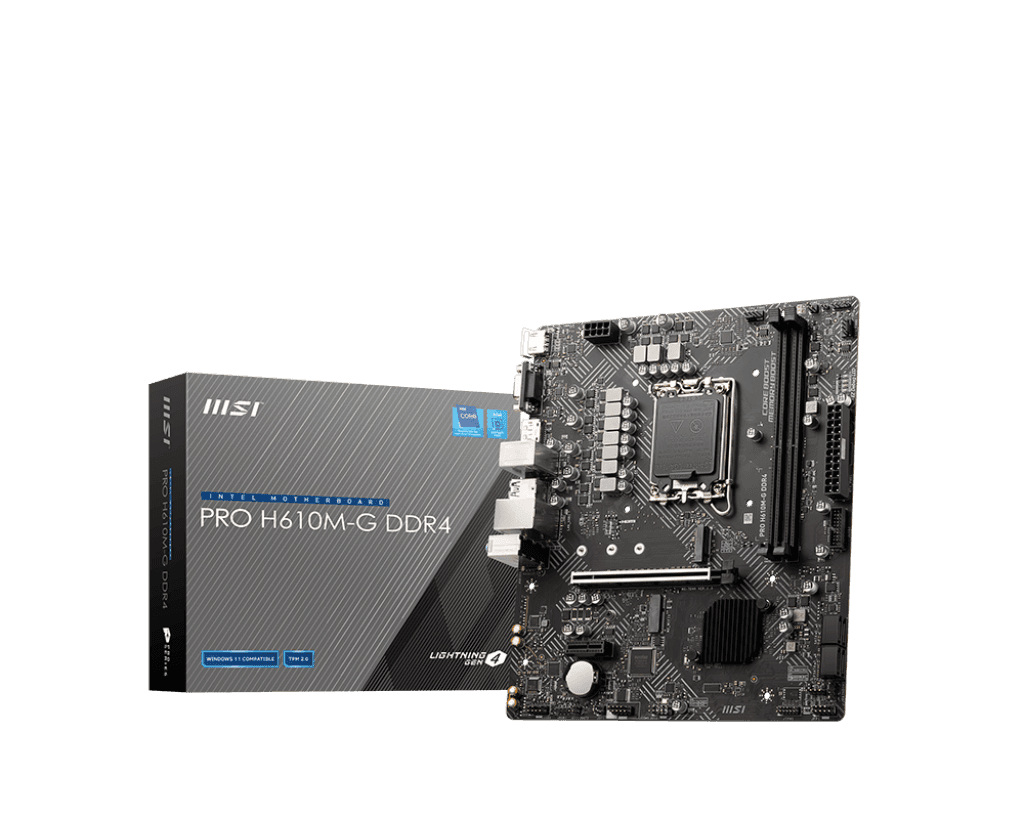 MSI MSI Pro H610M-G DDR4 Micro-ATX Motherboard, Socket LGA 1700, H610 Chipset, 1x Intel I219V Gigabit LAN Controller, 2 DIMM Slots, M.2 Slot, PCI-E X16, SATA III, HDMI, VGA, DP | 7D46-003 - thumbnail 1