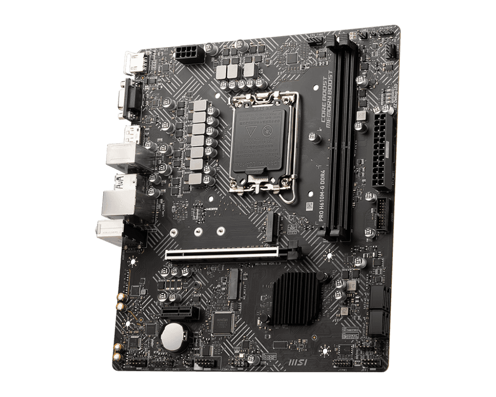 MSI MSI Pro H610M-G DDR4 Micro-ATX Motherboard, Socket LGA 1700, H610 Chipset, 1x Intel I219V Gigabit LAN Controller, 2 DIMM Slots, M.2 Slot, PCI-E X16, SATA III, HDMI, VGA, DP | 7D46-003 - thumbnail 2