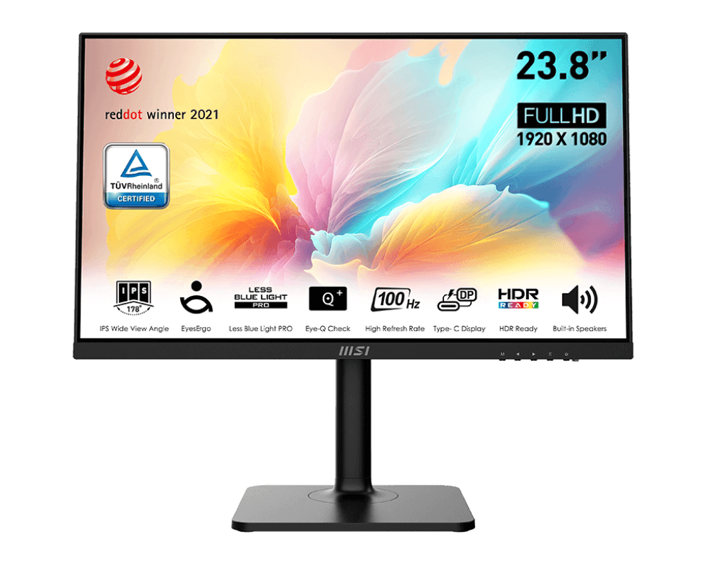 MSI MSI Modern MD2412P 24 Inch Business Productivity Monitor, 1920 x 1080 (FHD) IPS, 100Hz Refresh Rate, 1ms (MPRT) Response Time, Adaptive-Sync Support, Built-In Speaker, 4 ways Adjustable Stand, Black | 9S6-3PA59H-076 - thumbnail 1
