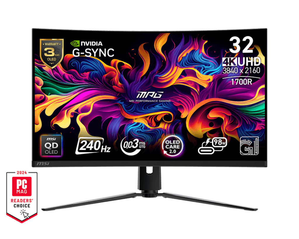 MSI MSI MPG 321CURX QD-OLED 32-inch 4K Curved Gaming Monitor, 3840x2160 (UHD), 240Hz, 0.03ms (GTG), Anti-Reflection, DisplayHDR True Black 400, G-Sync Compatible, HDMI 2.1, DP 1.4a, Type-C | 9S6-3DD64T-008 - thumbnail 1