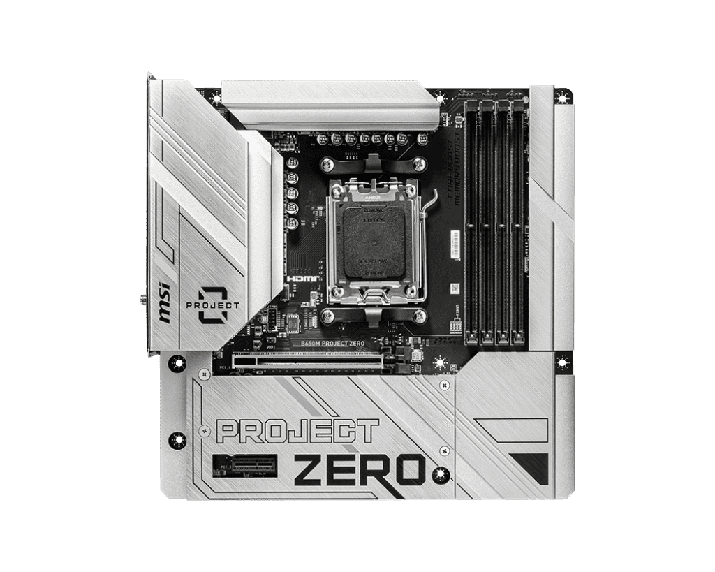 MSI B650M PROJECT ZERO AMD B650 ATX Motherboard, DDR5, up to 7600+(OC) MHz, Extended Heatsink Design, 2.5G LAN and AMD Wi-Fi 6E, M.2 Shield Frozr, Lightning M.2 | 911-7E09-003 thumbnail 1