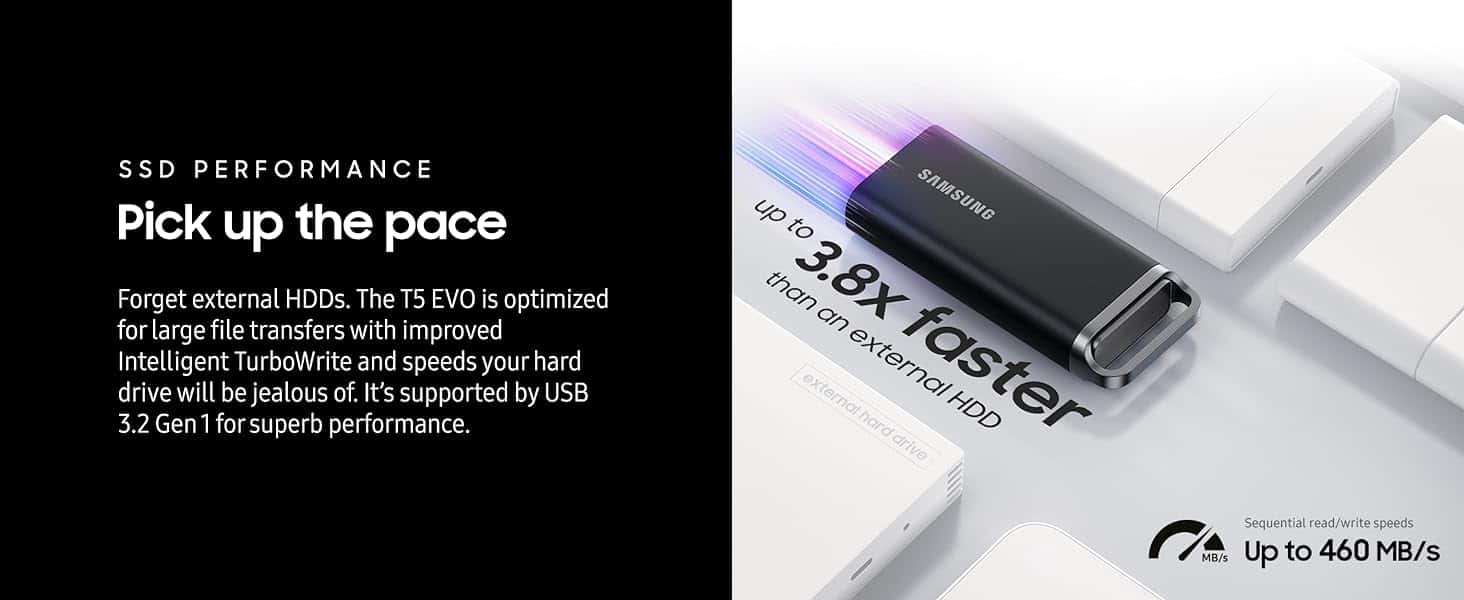 SAMSUNG Samsung T5 EVO 8TB USB 3.2 Gen 1 Portable External SSD, Up to 460 MB/s Data Transfer Rate, Rubber Skin Design, AES 256-Bit Hardware Encryption, Integrated Hook - Black | MU-PH8T0S/WW - thumbnail 1