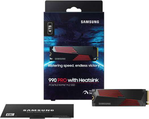 SAMSUNG Samsung 990 Pro with Heatsink 4TB NVMe 2.0 M.2 2280 Internal SSD, 7450 MB/s Sequential Read Speed, 6900 MB/s Sequential Write Speed, 3.3 Voltage, V-NAND 3-bit MLC, Black | MZ-V9P4T0CW - thumbnail 1