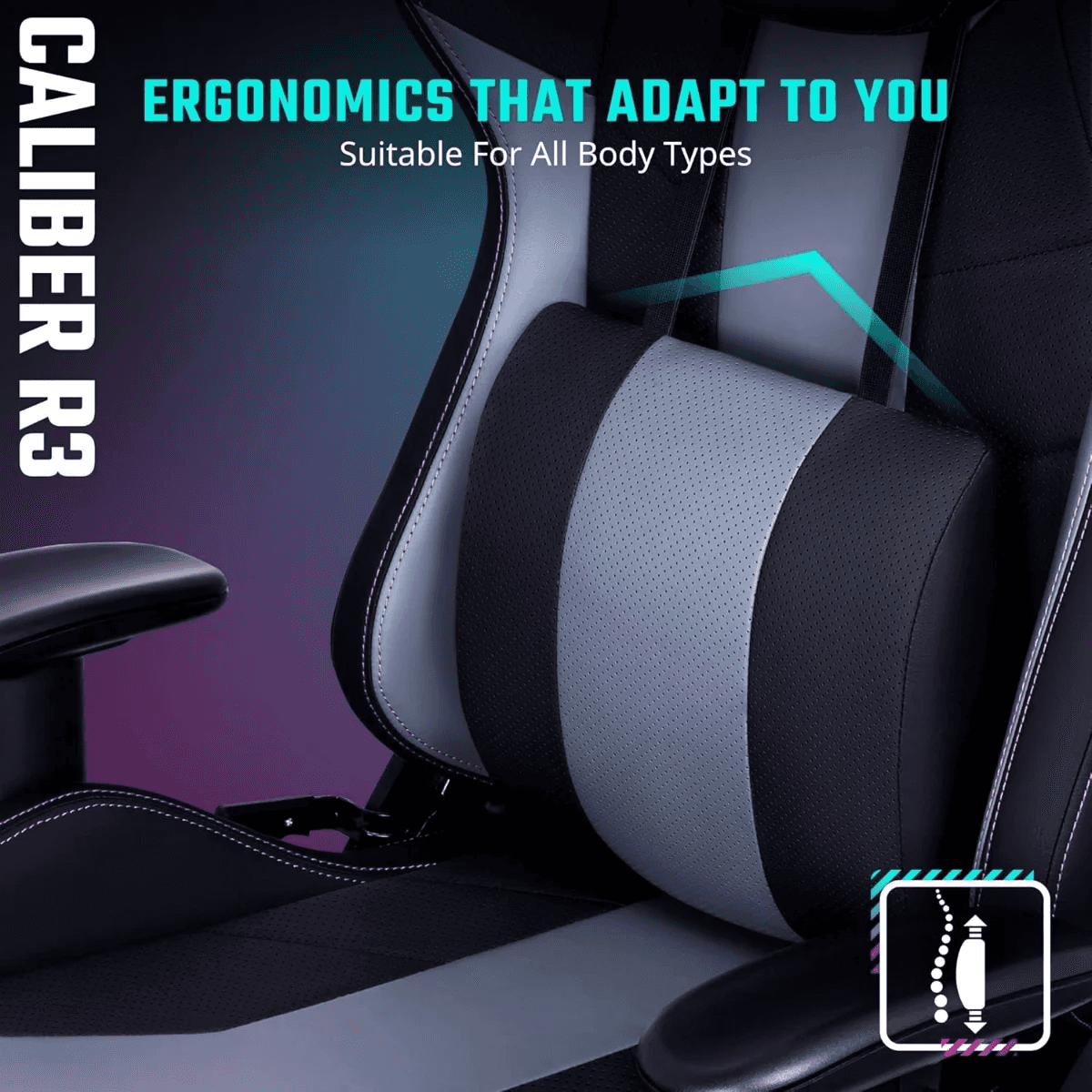 Cooler Master Caliber R3 Gaming Chair, Adjustable Lumbar Support, 2D Armrests, Reinforced Steel Frame, Memory Foam, Breathable PU, Black | CMI-GCR3-BK thumbnail 5