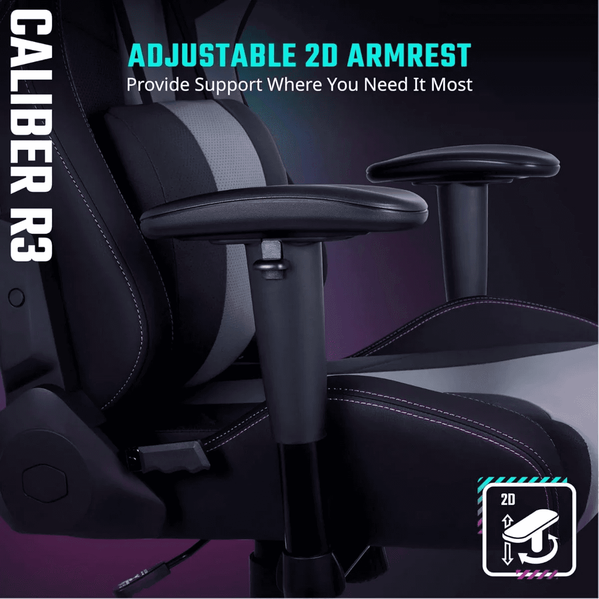 Cooler Master Caliber R3 Gaming Chair, Adjustable Lumbar Support, 2D Armrests, Reinforced Steel Frame, Memory Foam, Breathable PU, Black | CMI-GCR3-BK thumbnail 3