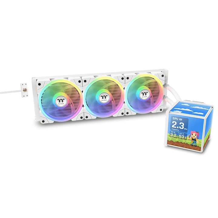 Thermaltake MINECUBE 360 Ultra ARGB Sync AIO Liquid Cooler, Patented Quad-LCD Cube Display, SWAFAN EX MagForce 2.0, 360mm Liquid Cooler, White | CL-W482-PL12SW-A thumbnail 1